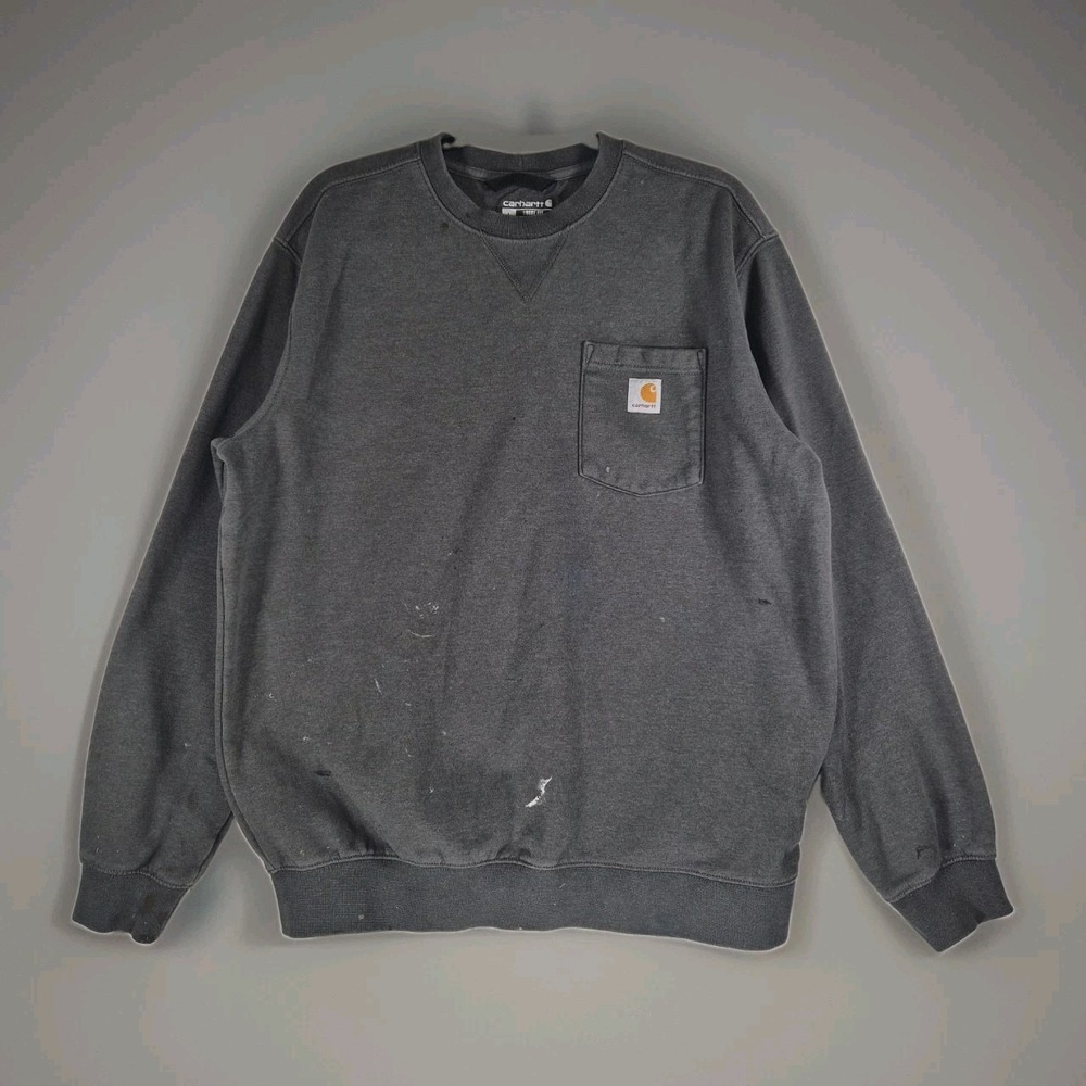Carhartt Men's Large Loose Fit Gray Pocket Crewneck Sweatshirt Paint Thrashed
